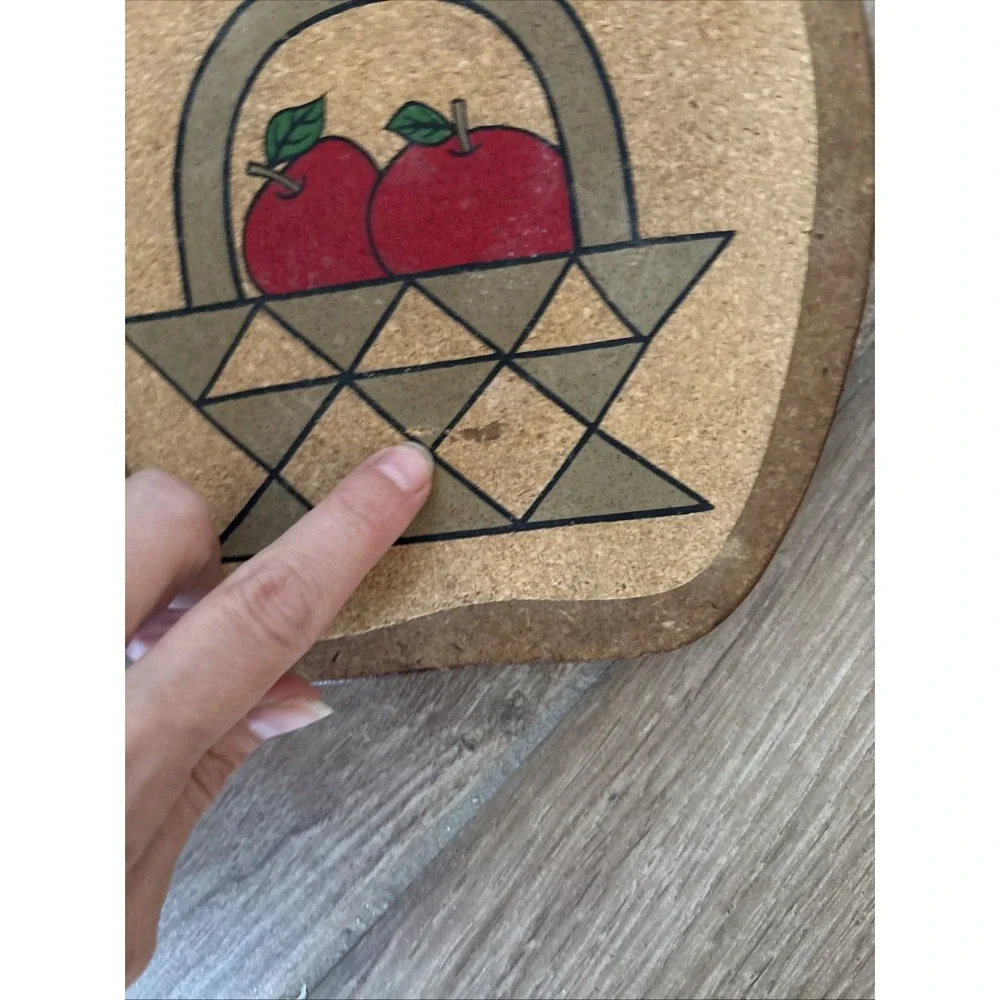 Vintage‎ Trivet Fruit Designs Apple In Basket Cork on Wood Apple Shaped